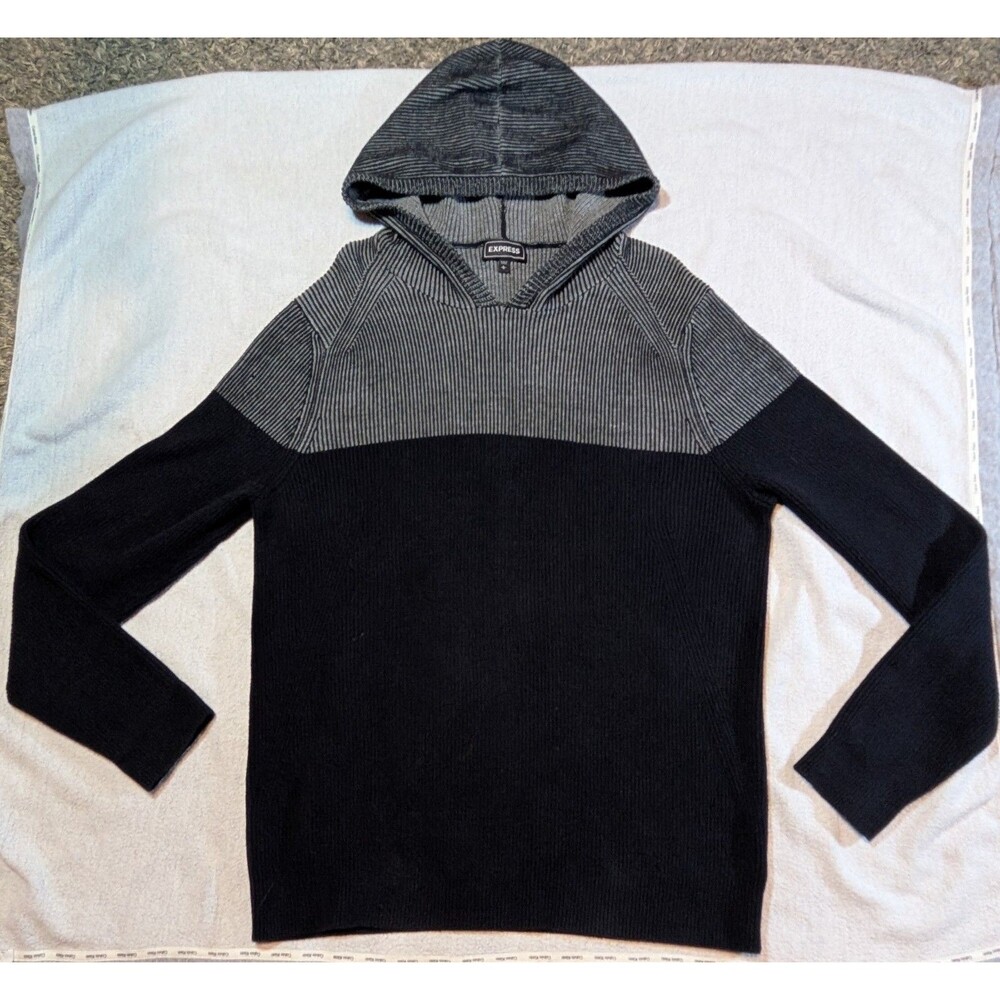 Express Men’s Hooded Sweater Large Black Gray Pullover Cotton Blend